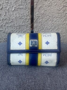 MCM Cream Navy Yellow Logo Stripe wallet